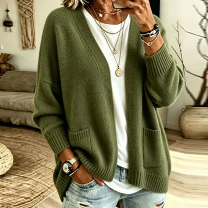 Relaxed Open Front Cardigan with Front Pockets and Ribbed Cuffs