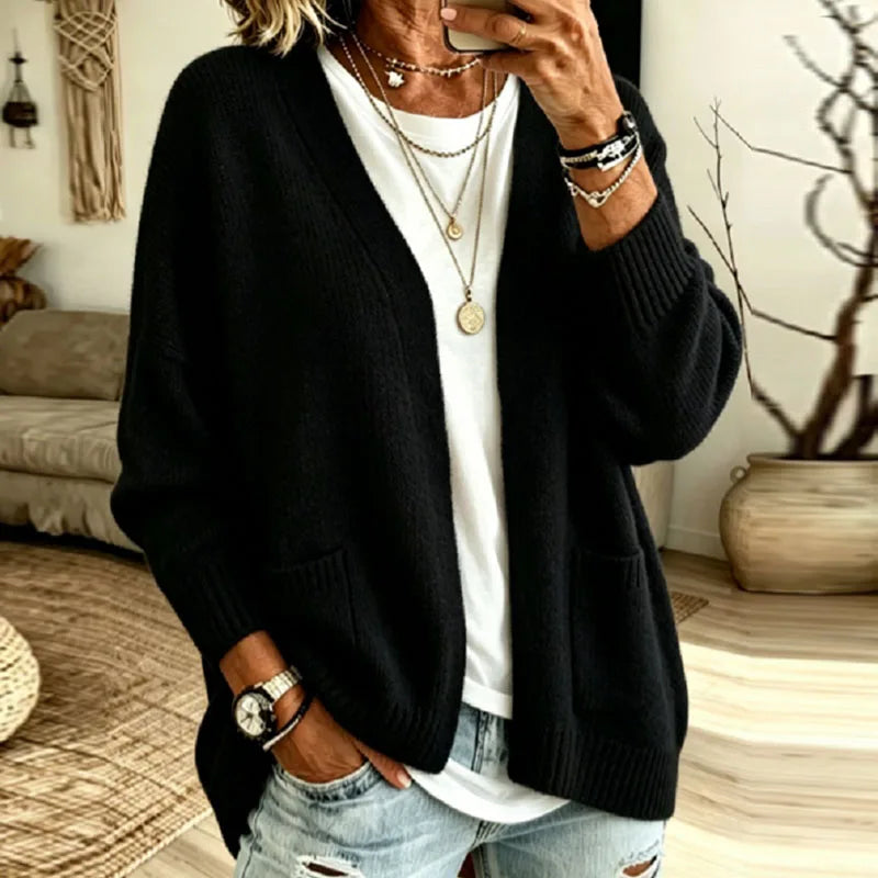 Relaxed Open Front Cardigan with Front Pockets and Ribbed Cuffs