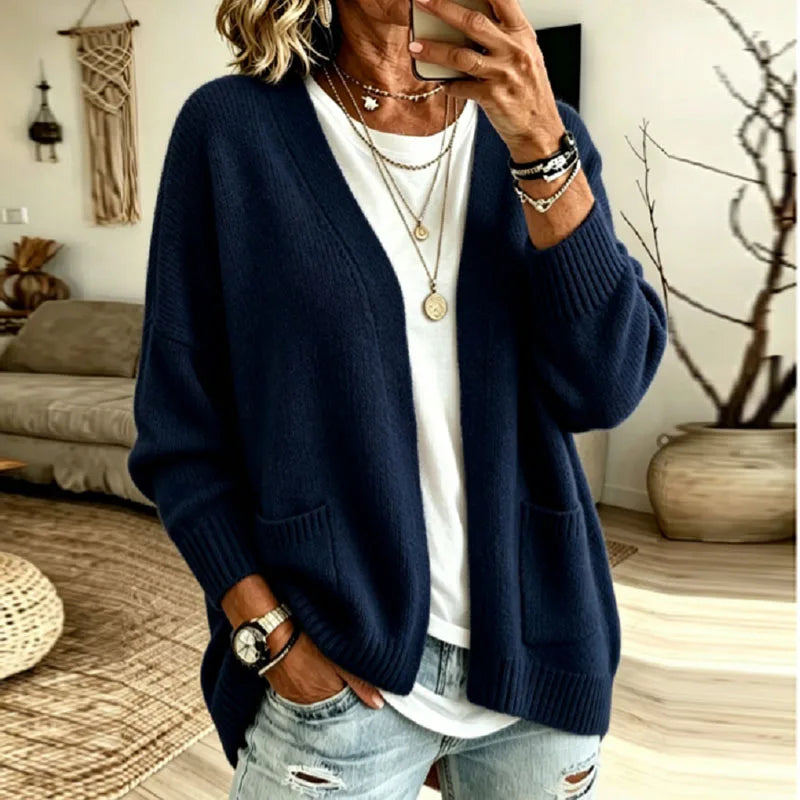 Relaxed Open Front Cardigan with Front Pockets and Ribbed Cuffs