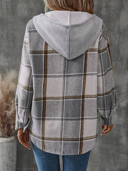 Relaxed Plaid Hooded Shacket with Chest Pocket