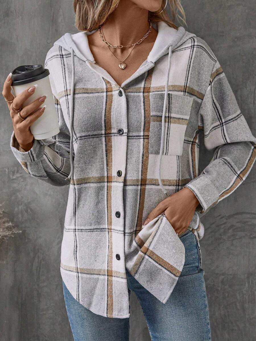 Relaxed Plaid Hooded Shacket with Chest Pocket