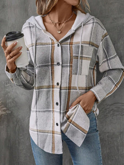 Relaxed Plaid Hooded Shacket with Chest Pocket
