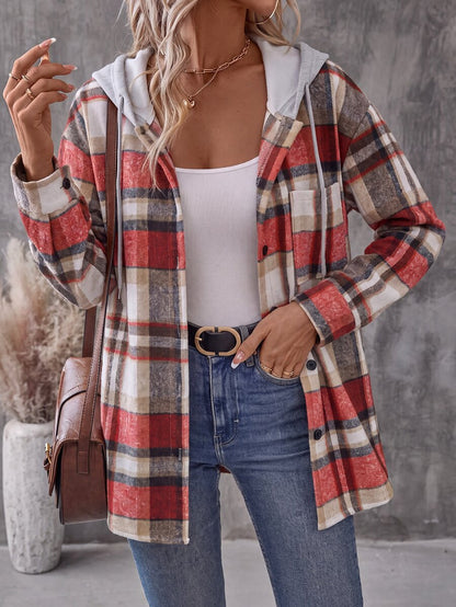 Relaxed Plaid Hooded Shacket with Chest Pocket