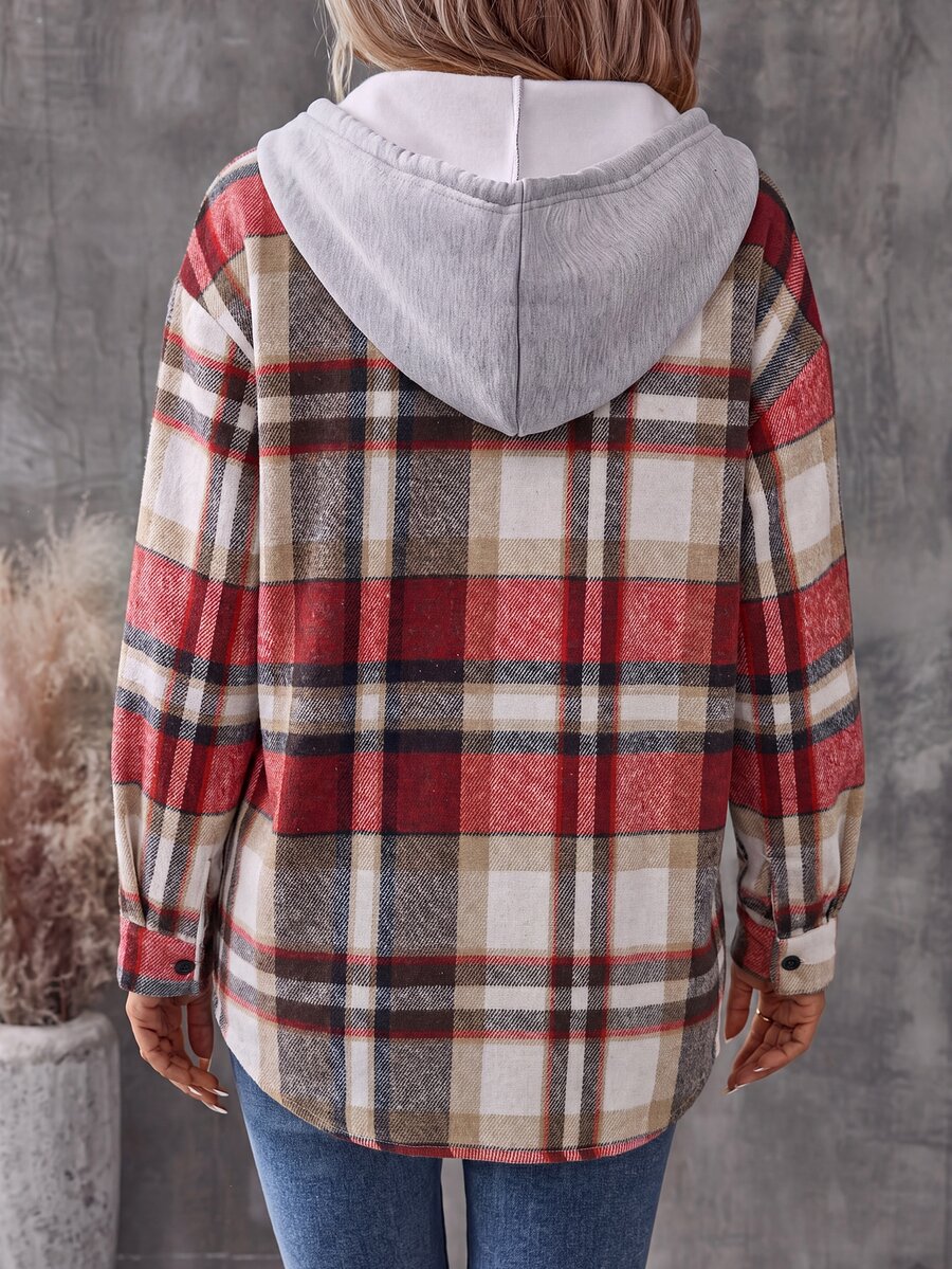 Relaxed Plaid Hooded Shacket with Chest Pocket