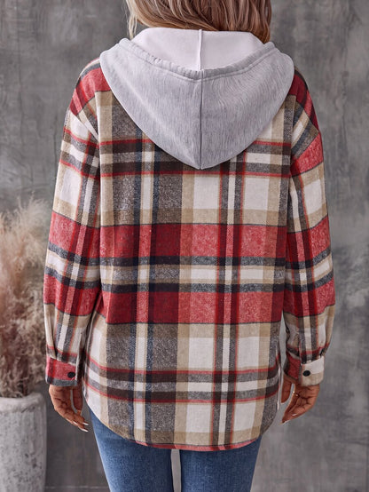 Relaxed Plaid Hooded Shacket with Chest Pocket