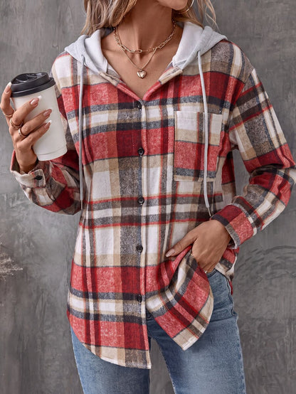 Relaxed Plaid Hooded Shacket with Chest Pocket