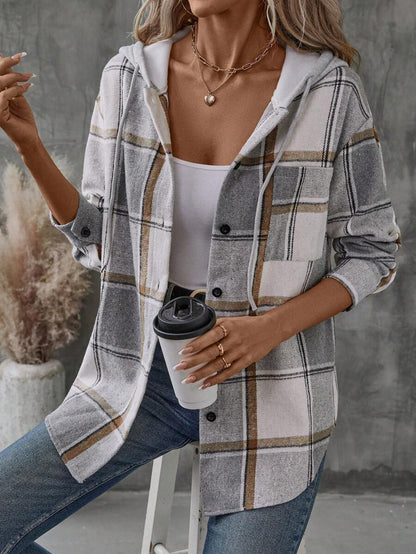 Relaxed Plaid Hooded Shacket with Chest Pocket