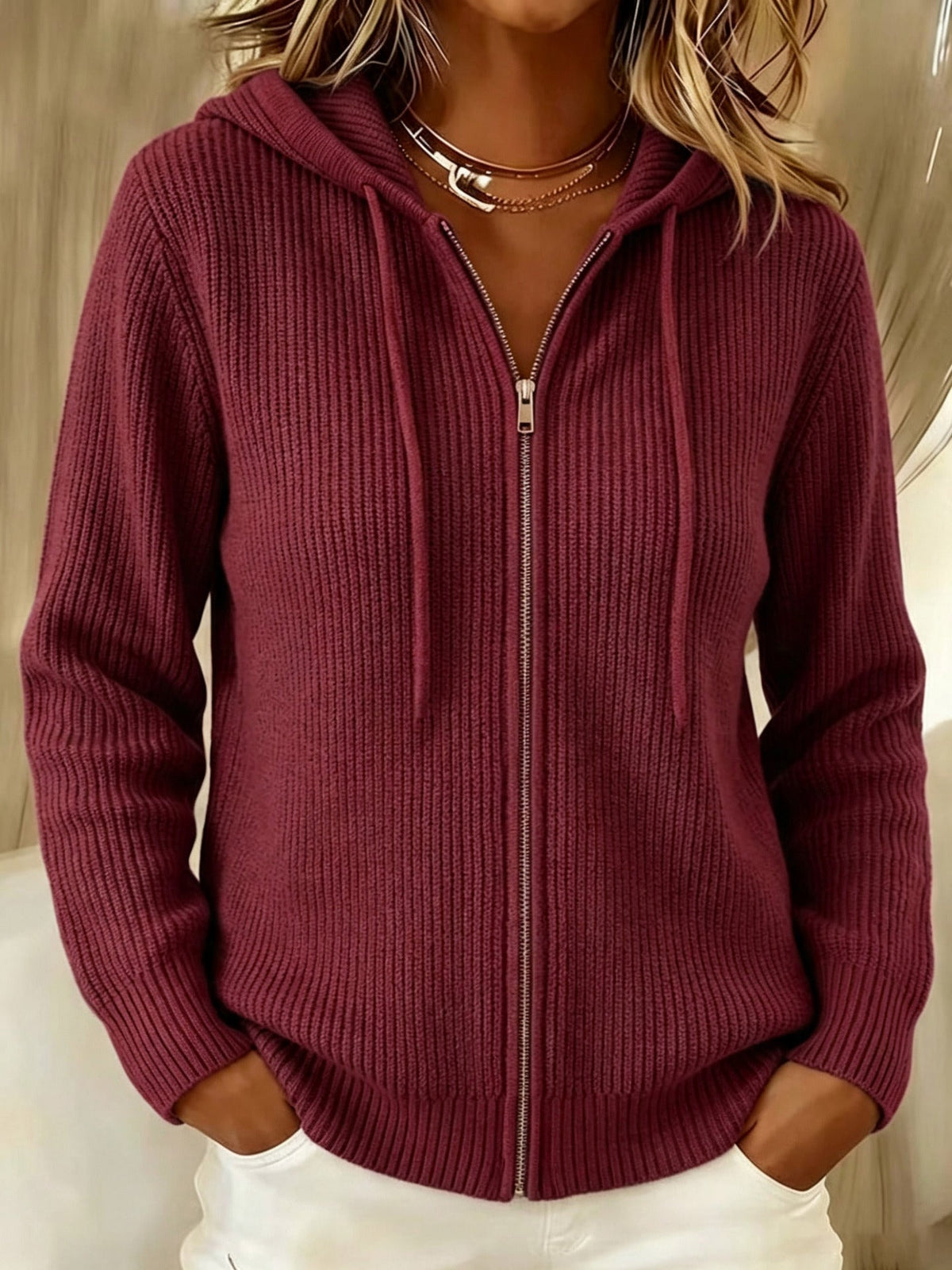 Relaxed Ribbed Knit Zip-Up Hoodie Cardigan with Drawstring Hood