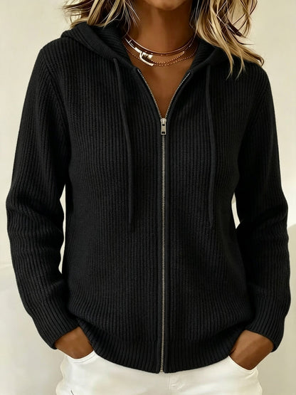 Relaxed Ribbed Knit Zip-Up Hoodie Cardigan with Drawstring Hood