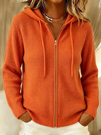 Relaxed Ribbed Knit Zip-Up Hoodie Cardigan with Drawstring Hood