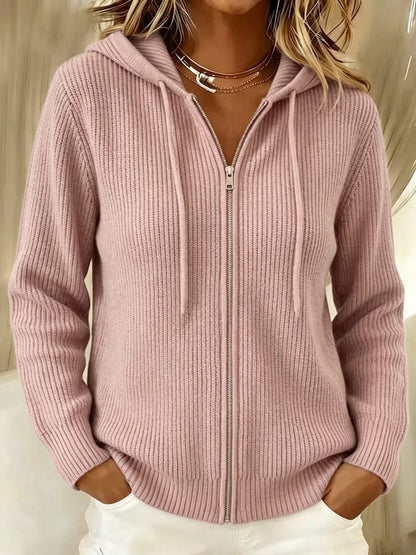 Relaxed Ribbed Knit Zip-Up Hoodie Cardigan with Drawstring Hood