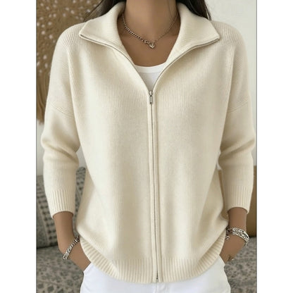 Relaxed Zip-Up Knit Cardigan with Collar
