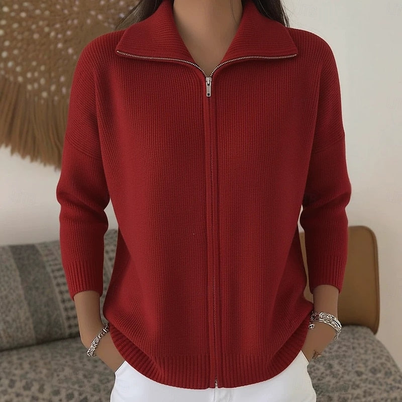 Relaxed Zip-Up Knit Cardigan with Collar