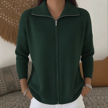 Relaxed Zip-Up Knit Cardigan with Collar