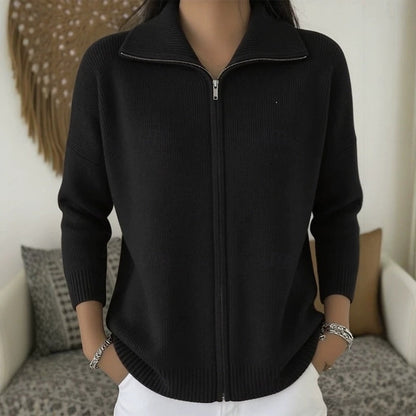 Relaxed Zip-Up Knit Cardigan with Collar