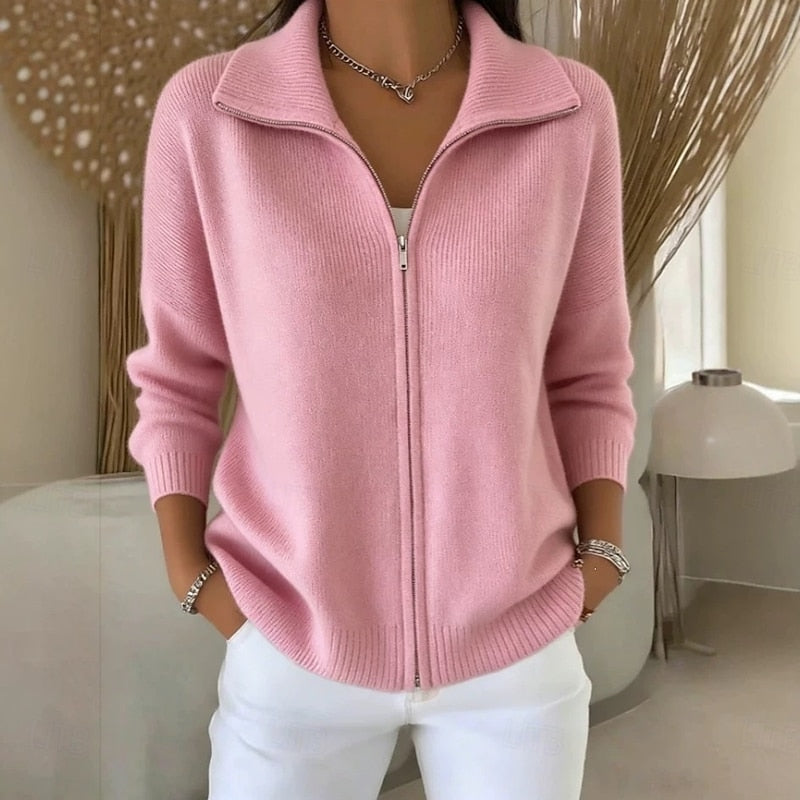 Relaxed Zip-Up Knit Cardigan with Collar