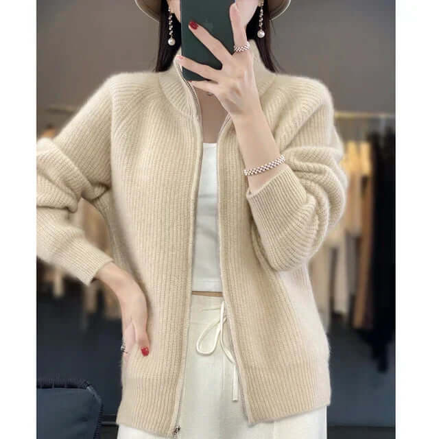 Relaxed Zip-Up Knit Cardigan with Stand Collar