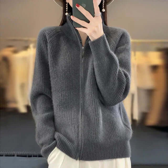 Relaxed Zip-Up Knit Cardigan with Stand Collar