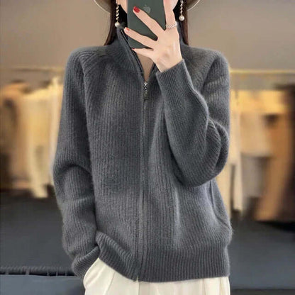 Relaxed Zip-Up Knit Cardigan with Stand Collar
