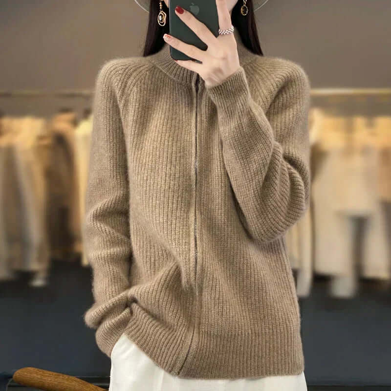 Relaxed Zip-Up Knit Cardigan with Stand Collar