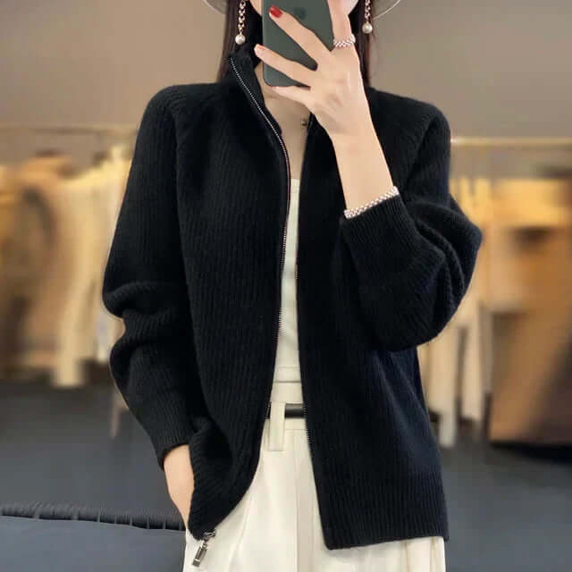 Relaxed Zip-Up Knit Cardigan with Stand Collar
