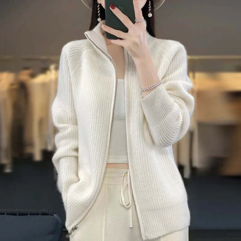 Relaxed Zip-Up Knit Cardigan with Stand Collar