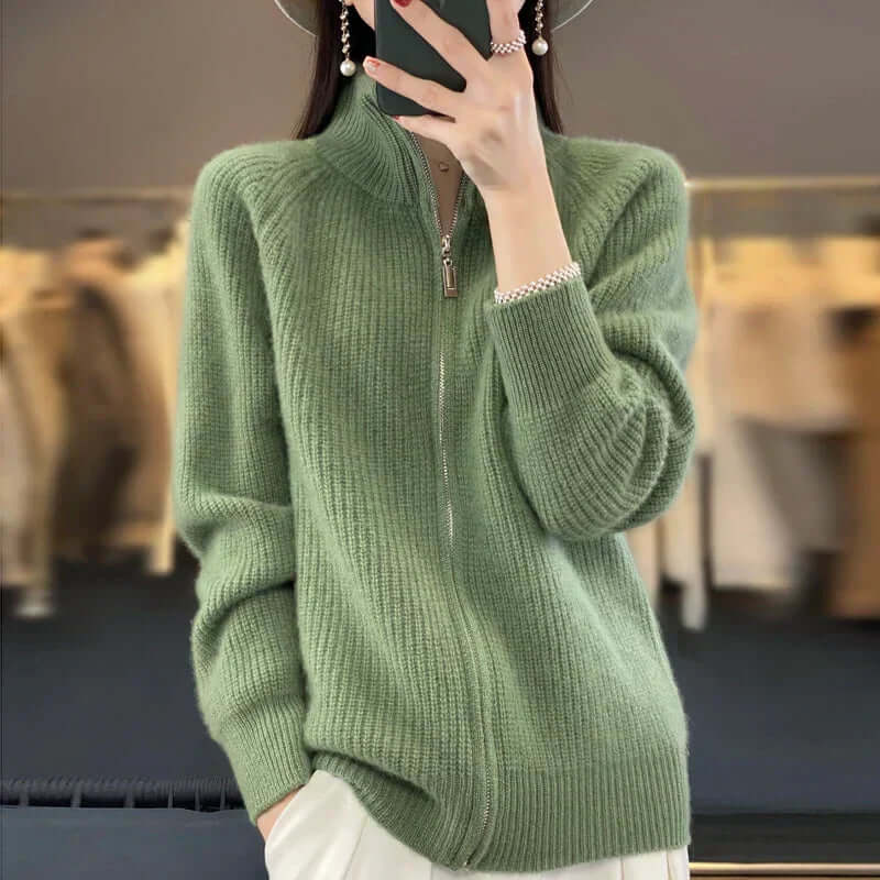Relaxed Zip-Up Knit Cardigan with Stand Collar