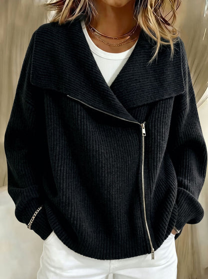 Relaxed Zip-Up Knit Cardigan with Wide Collar