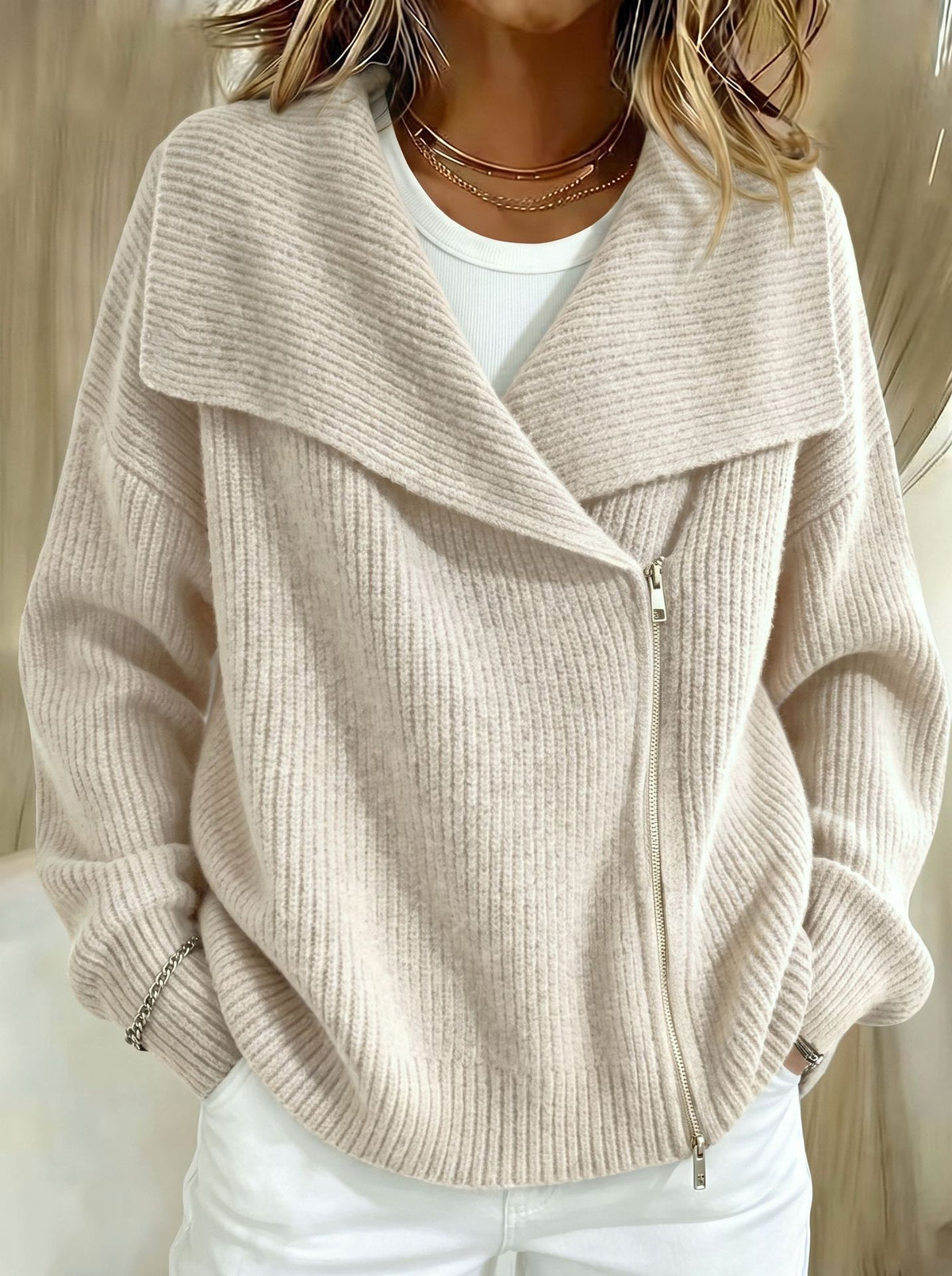 Relaxed Zip-Up Knit Cardigan with Wide Collar