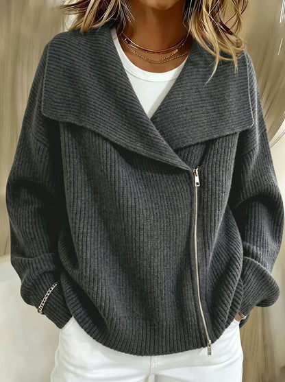 Relaxed Zip-Up Knit Cardigan with Wide Collar