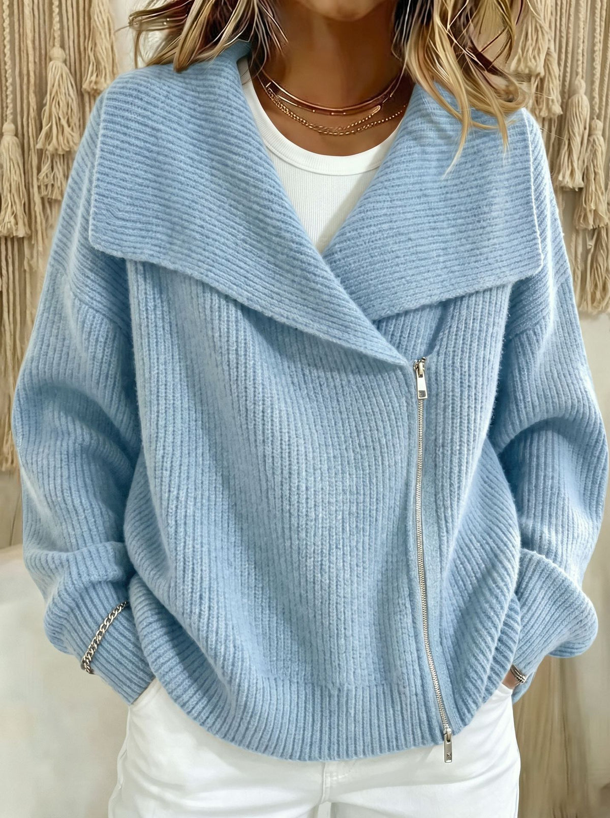 Relaxed Zip-Up Knit Cardigan with Wide Collar