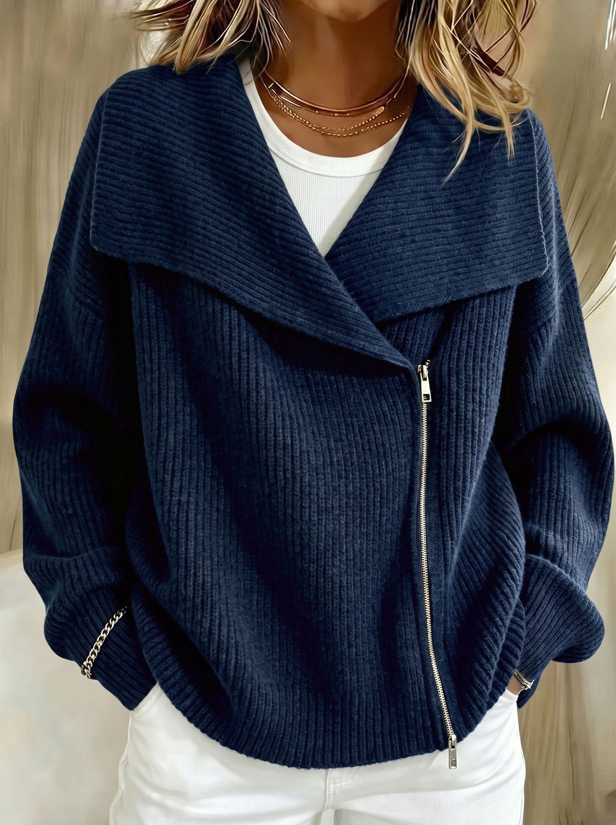 Relaxed Zip-Up Knit Cardigan with Wide Collar