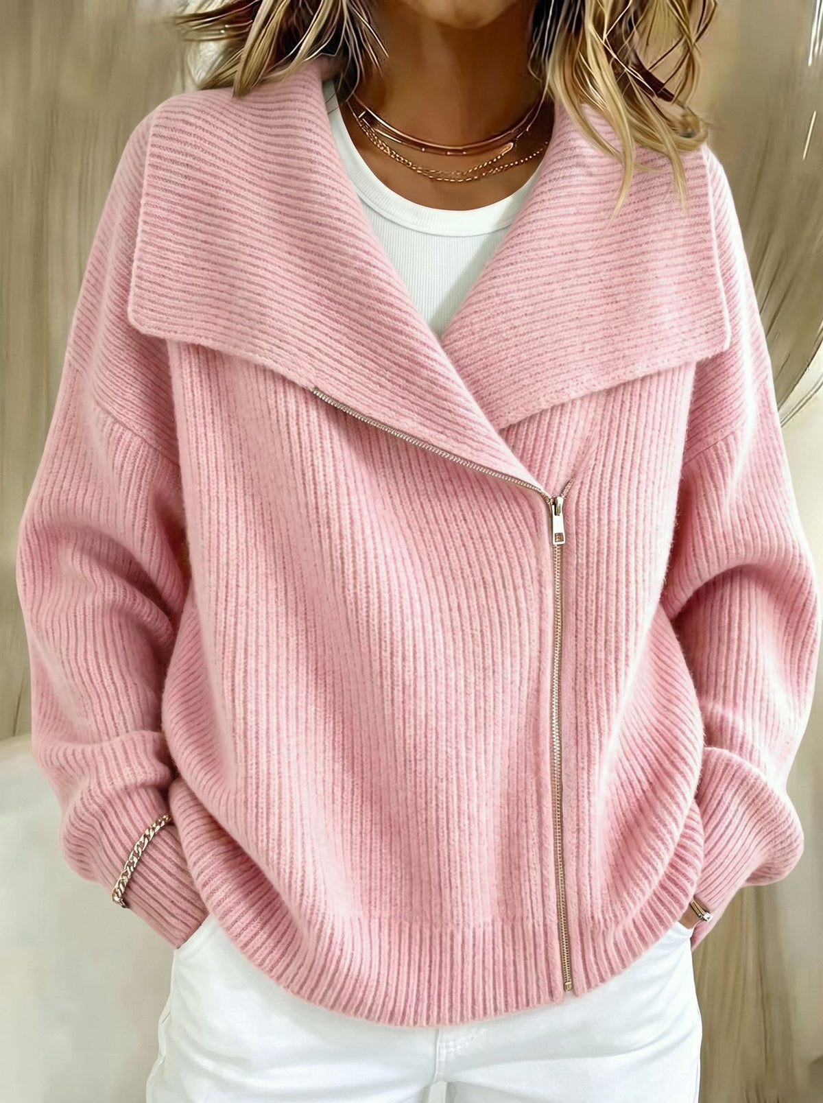 Relaxed Zip-Up Knit Cardigan with Wide Collar