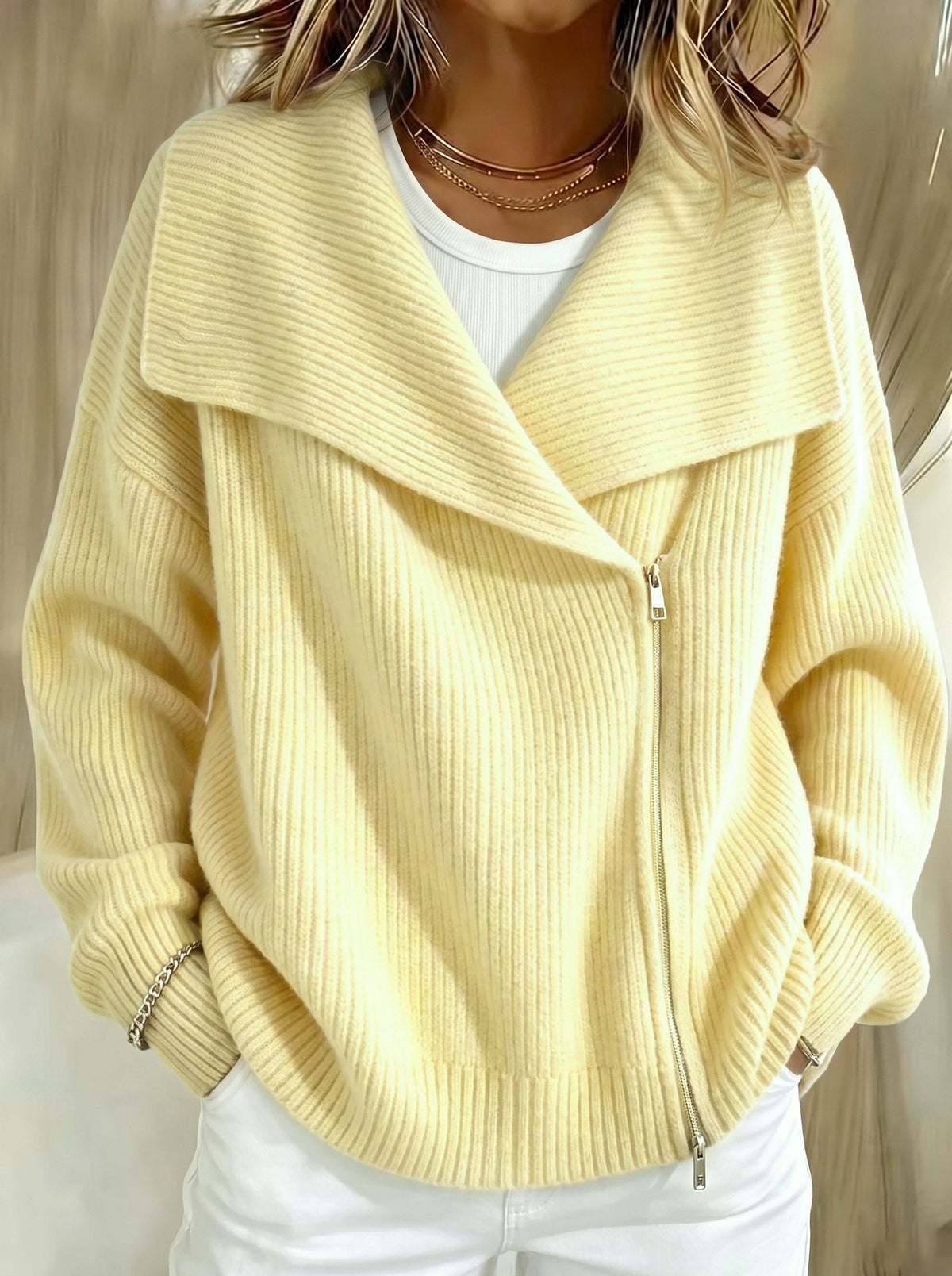 Relaxed Zip-Up Knit Cardigan with Wide Collar