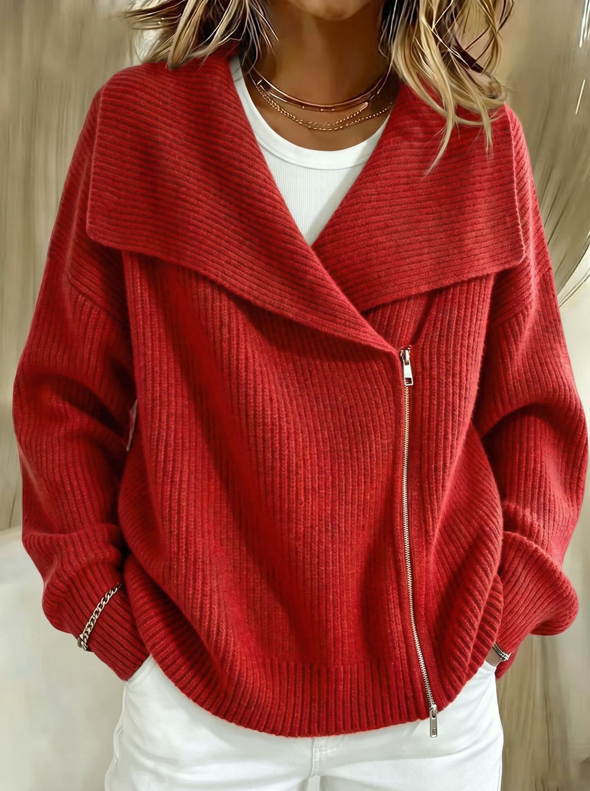 Relaxed Zip-Up Knit Cardigan with Wide Collar
