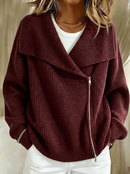 Relaxed Zip-Up Knit Cardigan with Wide Collar