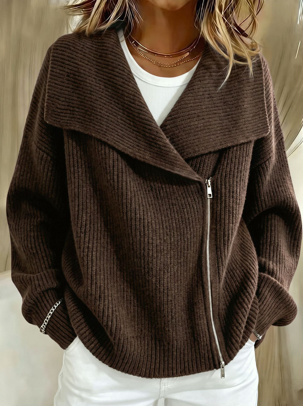 Relaxed Zip-Up Knit Cardigan with Wide Collar