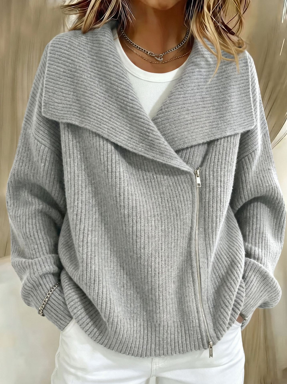 Relaxed Zip-Up Knit Cardigan with Wide Collar