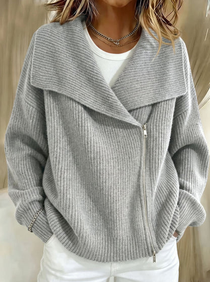 Relaxed Zip-Up Knit Cardigan with Wide Collar