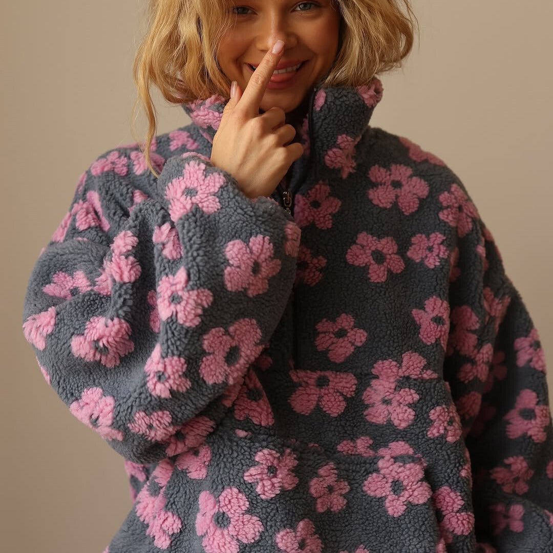 Retro Floral Teddy Fleece Oversized Sweatshirt with Half Zip