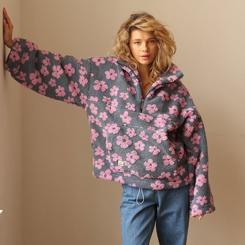 Retro Floral Teddy Fleece Oversized Sweatshirt with Half Zip