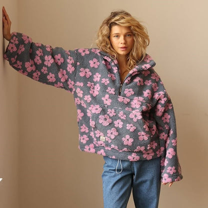 Retro Floral Teddy Fleece Oversized Sweatshirt with Half Zip