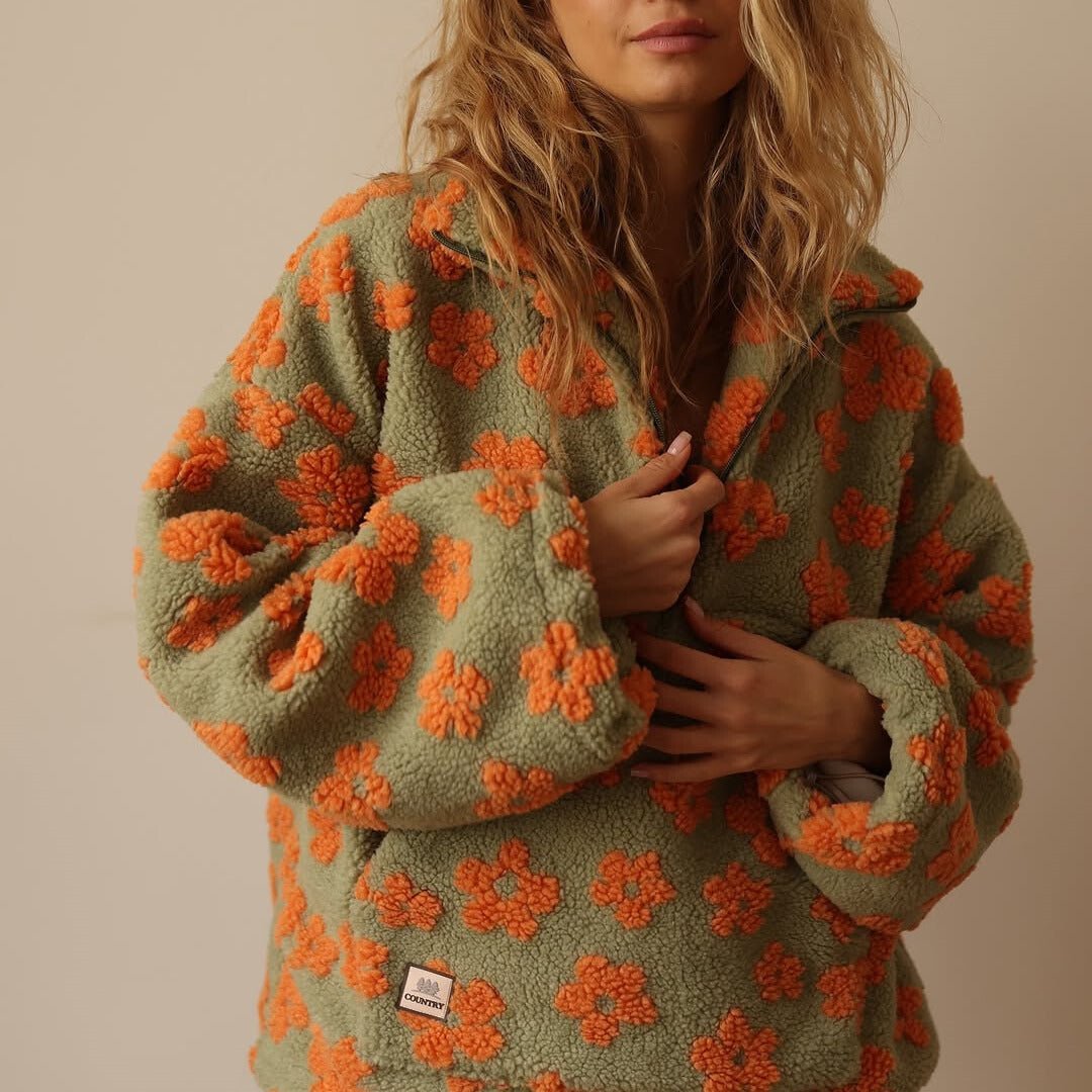 Retro Floral Teddy Fleece Oversized Sweatshirt with Half Zip