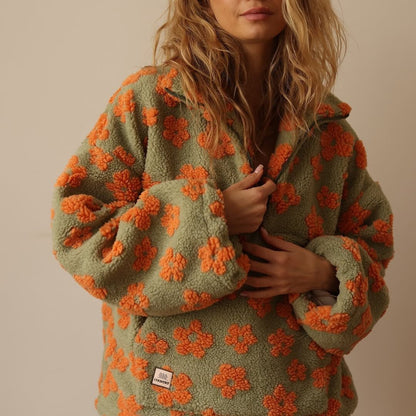 Retro Floral Teddy Fleece Oversized Sweatshirt with Half Zip