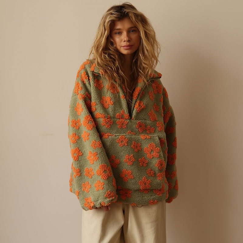 Retro Floral Teddy Fleece Oversized Sweatshirt with Half Zip