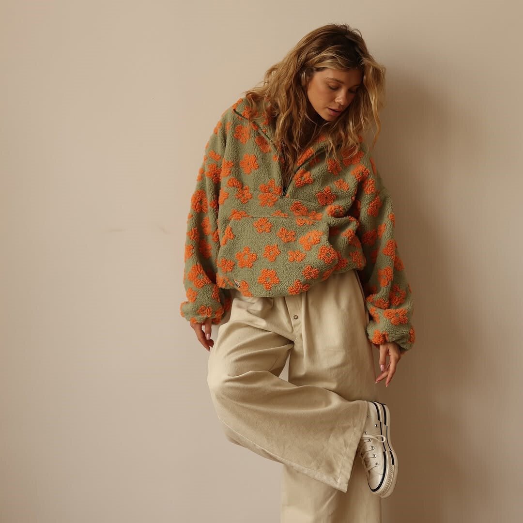Retro Floral Teddy Fleece Oversized Sweatshirt with Half Zip