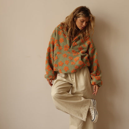 Retro Floral Teddy Fleece Oversized Sweatshirt with Half Zip