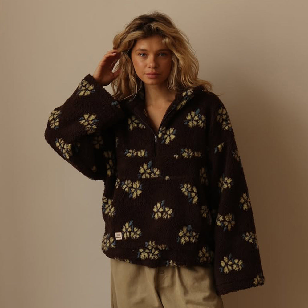 Retro Floral Teddy Fleece Oversized Sweatshirt with Half Zip