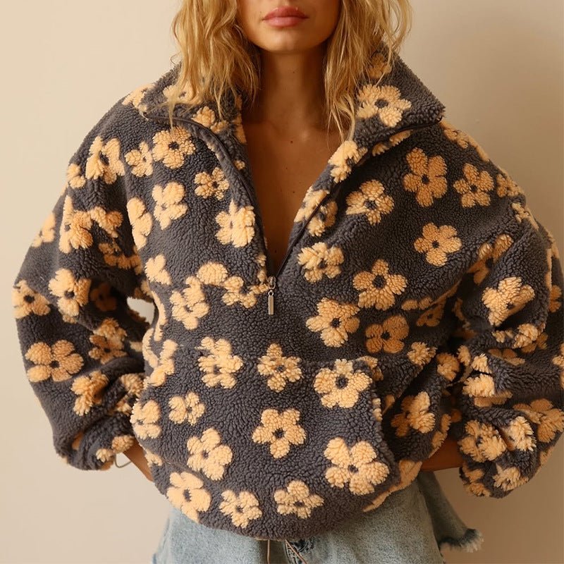 Retro Floral Teddy Fleece Oversized Sweatshirt with Half Zip