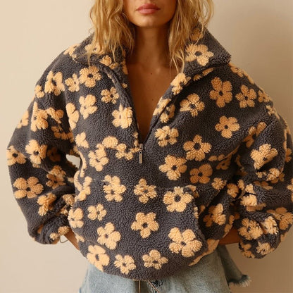 Retro Floral Teddy Fleece Oversized Sweatshirt with Half Zip